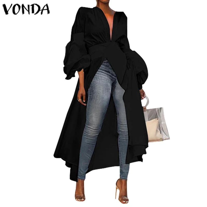 Черный VONDA, Женская Осенняя модная длинная рубашка с длинным рукавом, блузки, Необычные туники, топы, Blusas Femininas, вечерние рубашки для беременных, 5XL - Цвет: Черный