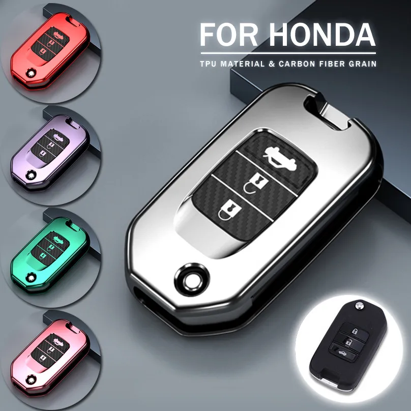 

3 Buttons TPU + Carbon Car Key Fob Cover Case For Honda Civic CR-V HR-V Accord Jade Crider Odyssey 2015- 2018 Remote Protector