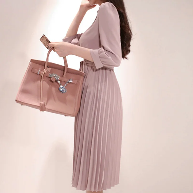 

2240 #2019 New Style Korean-style WOMEN'S Wear Elegant Fold-down Collar Lace-up Waist Hugging Slimming Pleated Long Dress