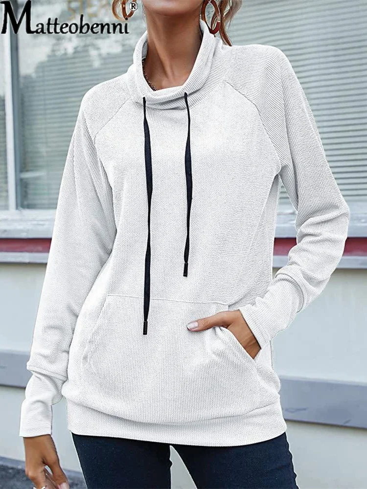 2021 New Autumn Winter Women Long Sleeve Turtleneck Sweatshirt Hoodie Fashion Solod Color Drawstring Kangaroo Pocket Pullover