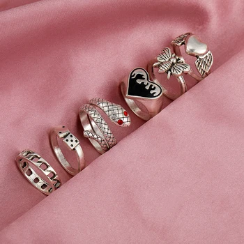 Vintage Silver Plated Angel Wings Ring for Womens Gothic Punk Steampunk Heart Butterfly Skull Ring Sets Party Jewelry 5