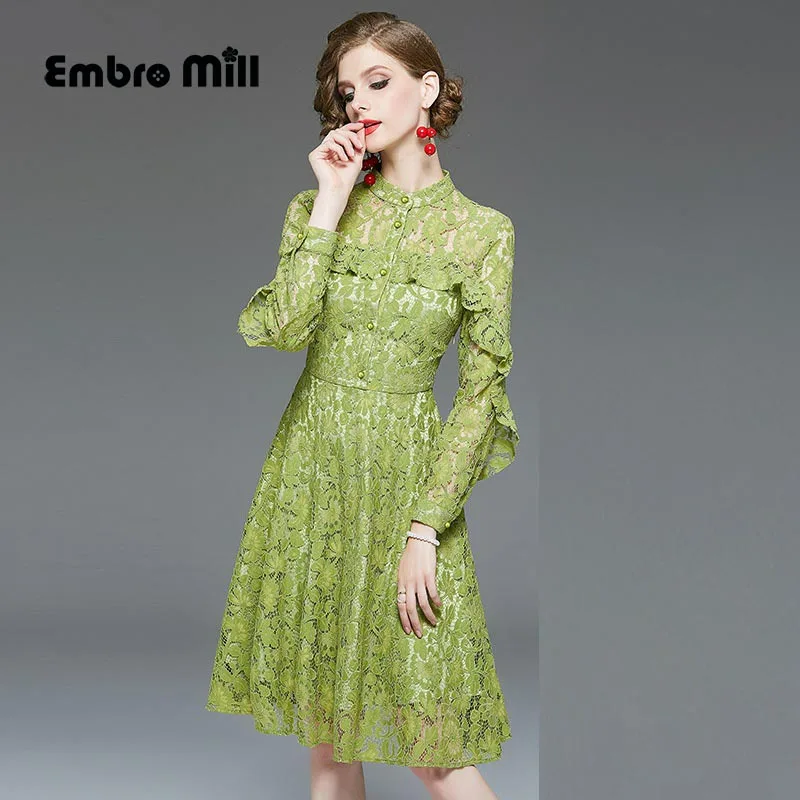 

Autumn And Winter The new Lace dress Streetwear style Ruffle Hollow Long sleeve High waist A-line dress S-XL