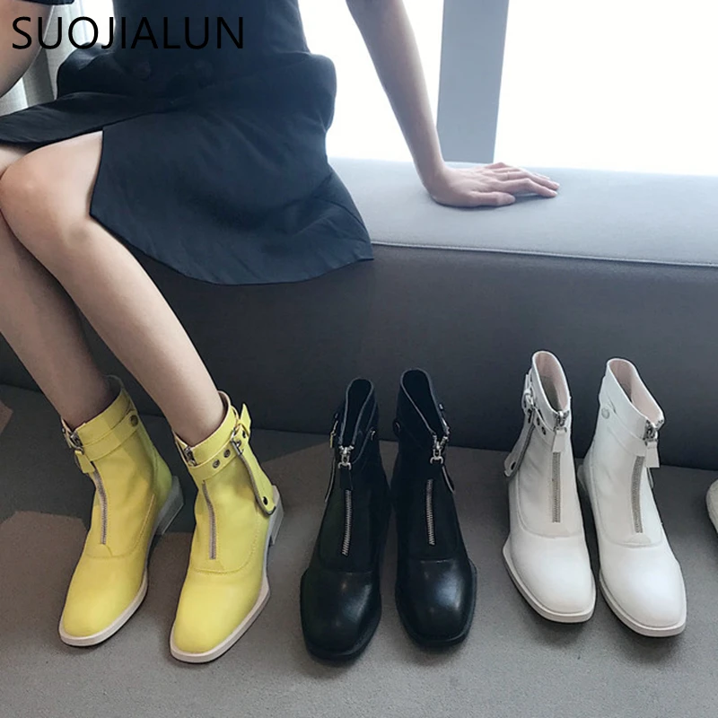 

SUOJIALUN Front Zipper Black Ankle Boots For Women 2019 Fashion Brand Martin Boot Low Heel Buckle Winter Motorcycle Boots