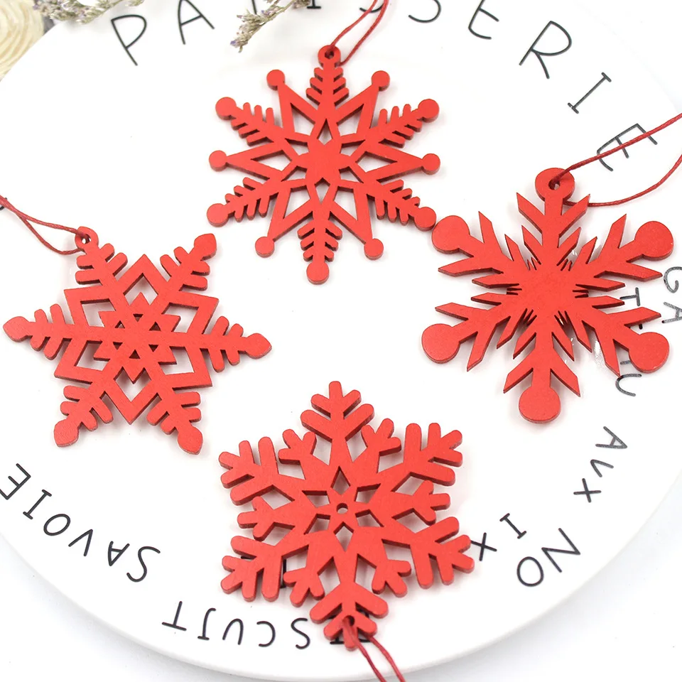 6pcs DIY White&Red Snowflakes Christmas Wooden Pendants Ornaments For Xmas Tree Ornaments Christmas Party Decorations Kids Gift