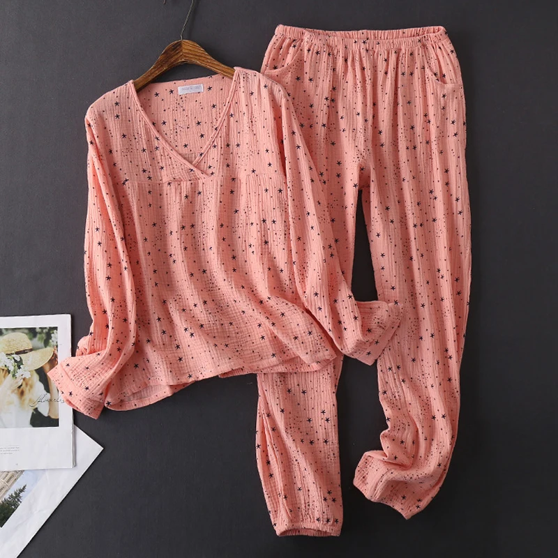 Женская хлопчатобумажная моющаяся Пижама для женщин, пижама, одежда для сна, пижама, текстура, креп, марля, с длинным рукавом, брюки, пижама с v-образным вырезом - Цвет: Pink