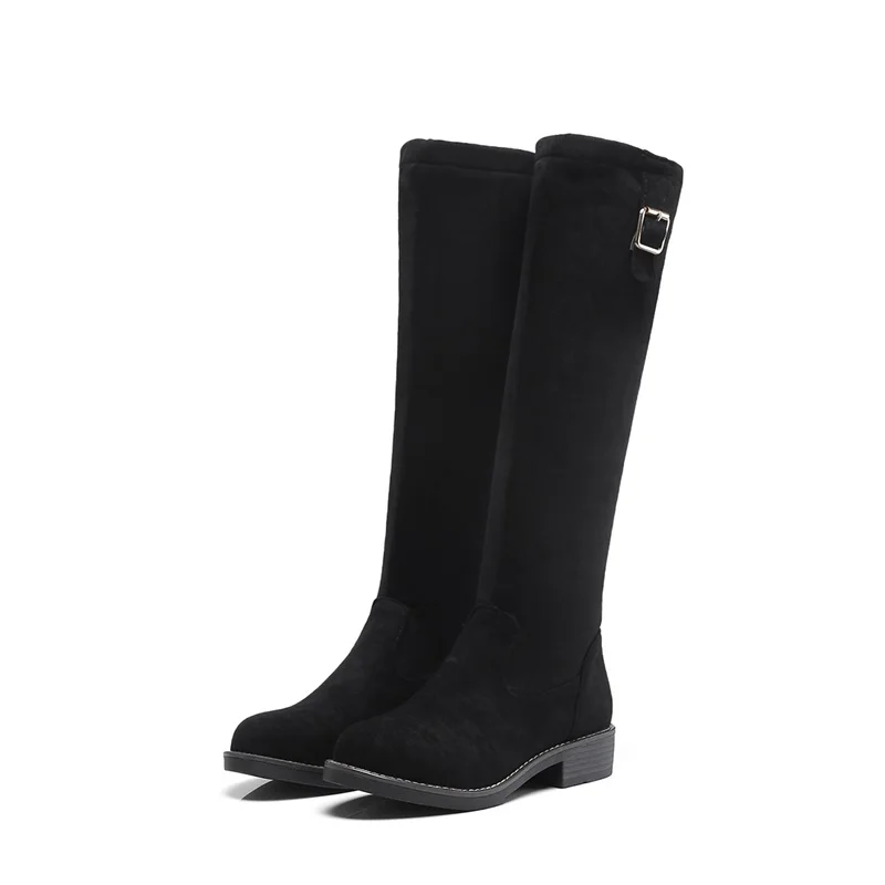 black EGONERY winter new concise knee high boots outside comfortable mid heels round toe flock women shoes drop shipping size 32-43 - Цвет: black