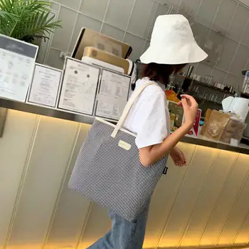 

Shopping Bag Grocery Bag New Art Casual Shoulder Canvas Handbag Female Small Fresh Striped Bag Siatka Na Zakupy #2S23