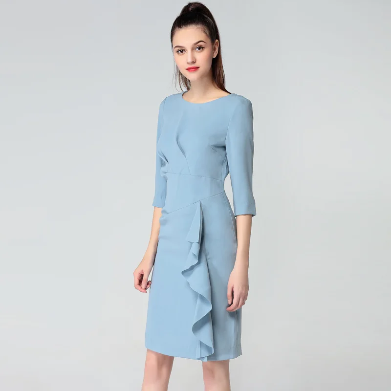

Ozhouzhan 2020 Spring And Autumn New Style Europe And America Women's Dress Solid Color Crew Neck Three-quarter-length Sleeve Sl