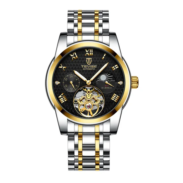 TEVISE, люксовый бренд, мужские часы, автоматические, деловые, водонепроницаемые, с скелетом, Toubillon, часы, Relogio Masculino - Цвет: gold gold-S