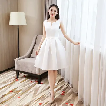 

Real Photo Simple Classic White Satin Short Evening Dress O Sleeveless Slim Plus Size Party Sister Evening Gown Robe De Soiree