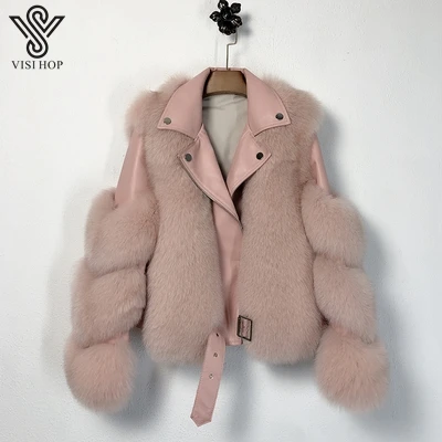 VS4004 new arrival jacket genuine leather sheepskin women winter coat warm thick luxury real fox fur jacket long green puffer coat Coats & Jackets