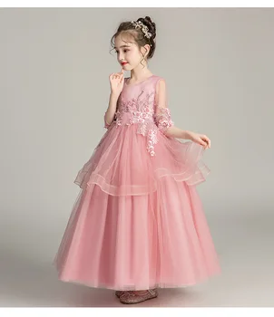 

4-14Yrs Elegant girls dress mesh embroidered autumn princess dress girls long-sleeved wedding dress long dress 4-14 years