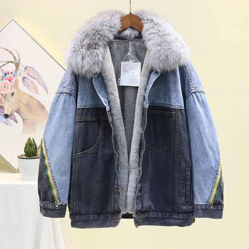 2019 зимняя джинсовая куртка с воротником из лисьего меха и подкладкой овечьей