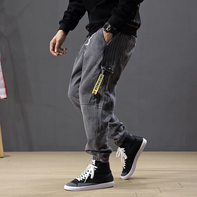 Japanese Vintage Fashion Men Jeans Loose Fit Spliced Designer Stripe Harem Jeans Men Cargo Pants Streetwear Hip Hop Jogger Jeans