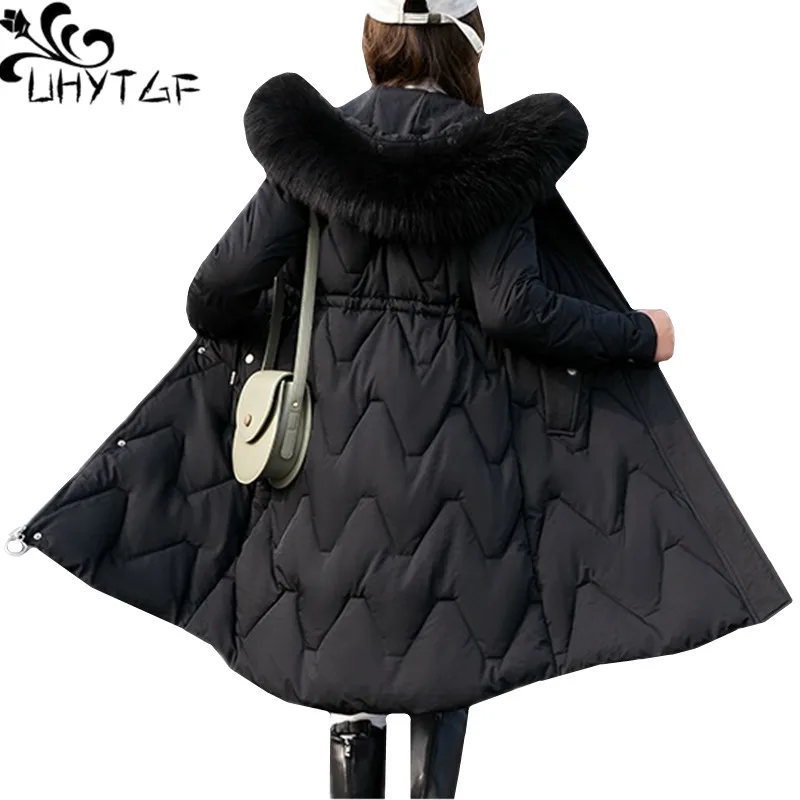 

UHYTGF New quality down jacket winter coat parkas mujer Fur collar hooded Windproof Warm cotton jacket plus size tops womens 319