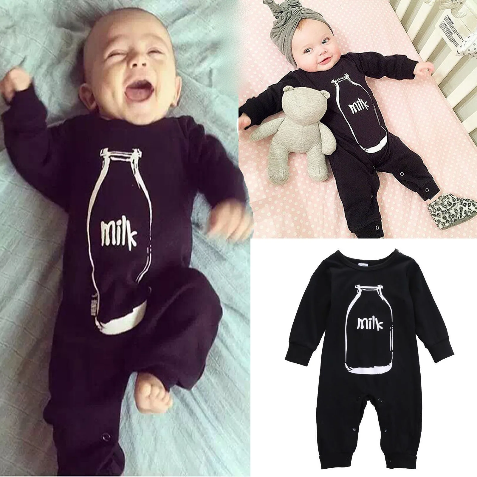 

2018 AliExpress Hot Selling INS Childrenswear Cotton Baby Jumpsuit Crawling Clothes Spring And Autumn BOY'S Feeding Bottle Print