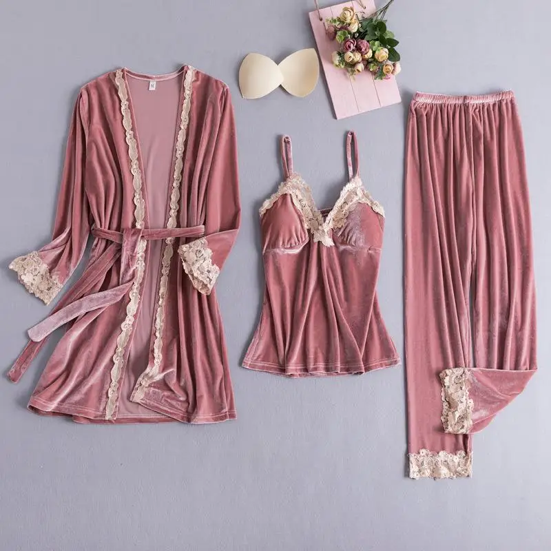 Pink 2 Кружевное лоскутное женское велюровое 3 шт. Пижамный костюм ночное белье мягкое кимоно халат серый свободный халат платье Повседневная одежда для сна домашняя одежда - Цвет: Pink 2