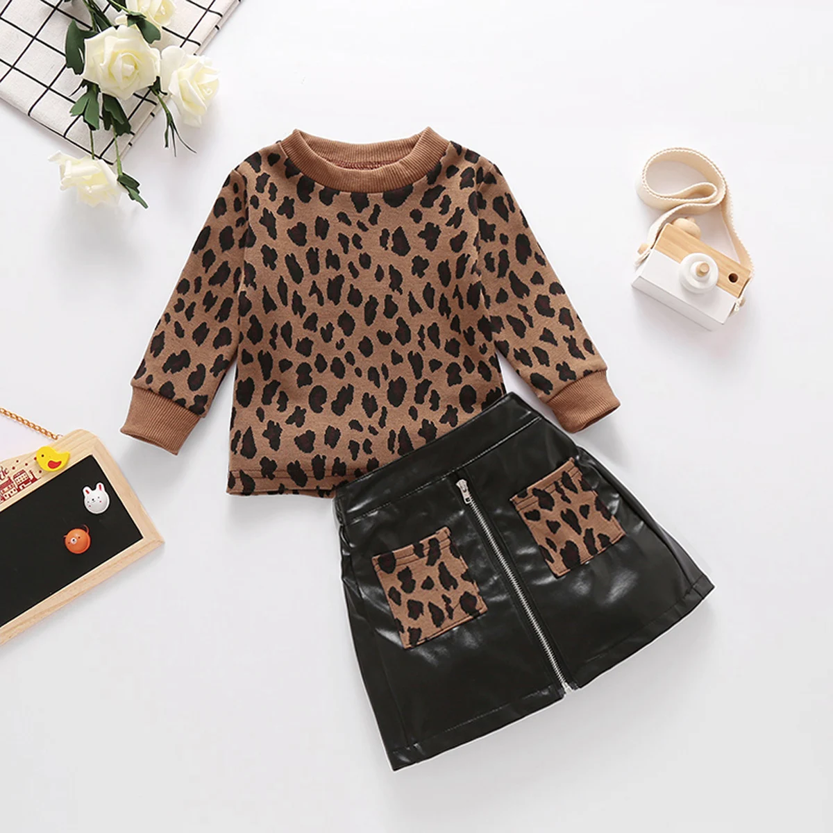 Girls Clothing Set Ma&Baby 1-5Y Autumn Winter Toddler Leopard Long Sleeve Pullover Top Pu Leather Skirts kids clothing set girls clothing set