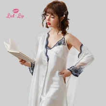 Осенний Шелковый женский пижамный комплект из двух предметов с v-образным вырезом и кружевом; комплект из двух предметов; ночная рубашка; халат; сексуальный роскошный благородный домашний костюм; SWD12512-3