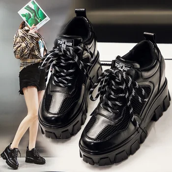 

CINESSD Black Sneakers Women Genuine Leather Fashion Spring 2020 Casual Shoes Women Super High Heels Platform Sneakers Ladies 34