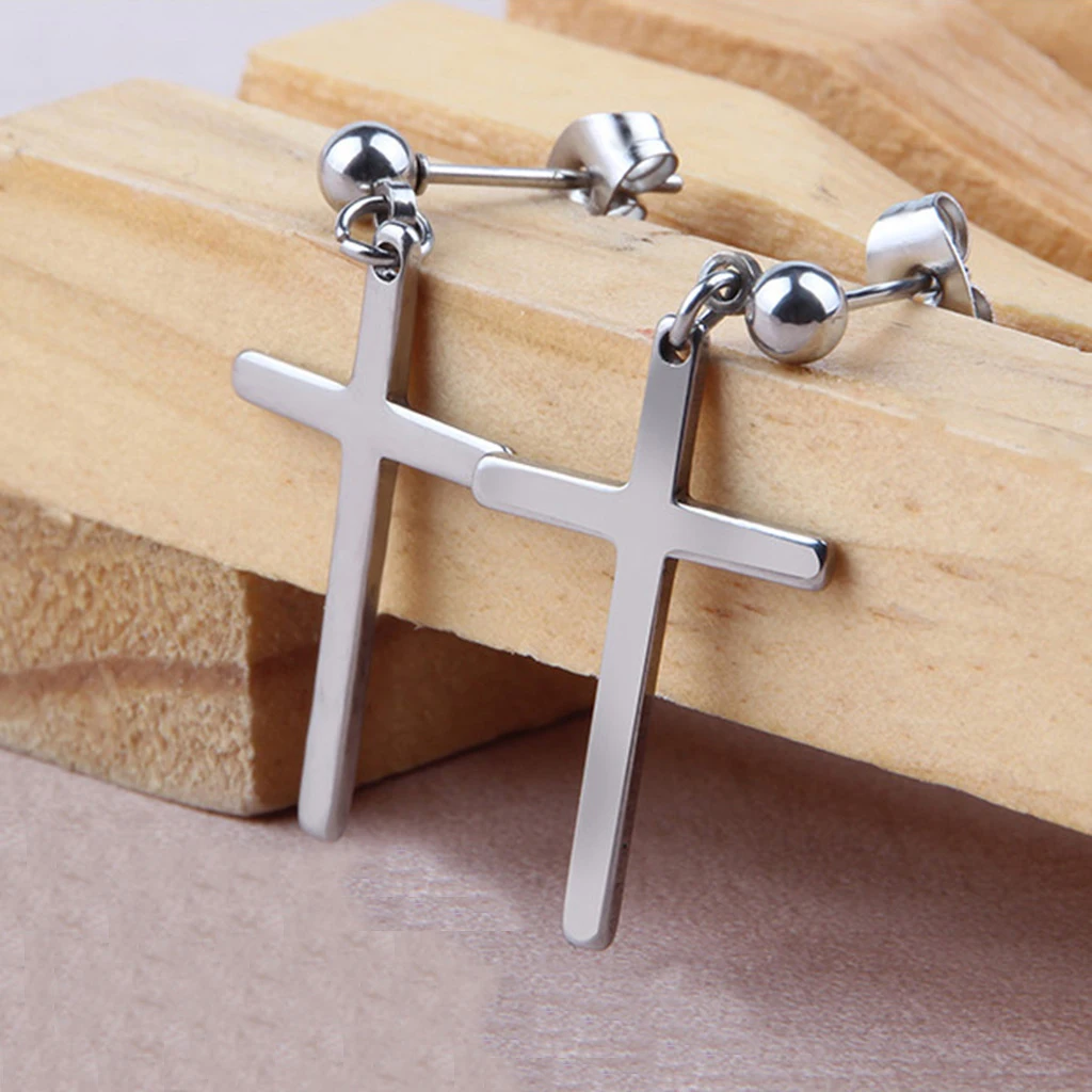 2 Pieces Religious Christ Cross Dangle Earrings Ball Studs with Stoppers Ear Piercings with Stoppers Pair