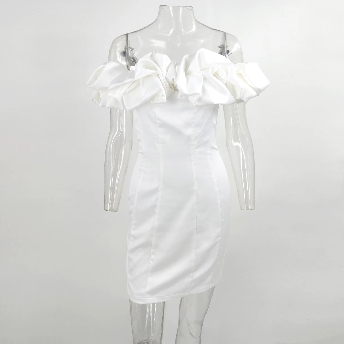 Белый Dressmecb летнее сексуальное платье с открытыми плечами, женское платье без рукавов с вырезом лодочкой, мини-платье, вечерние платья с оборками - Цвет: Белый