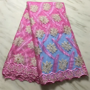 

Wholesale African Tulle Lace Fabric High Quality 2019 French Net Lace pink Color Embroidered Beaded Nigerian Lace Fabric