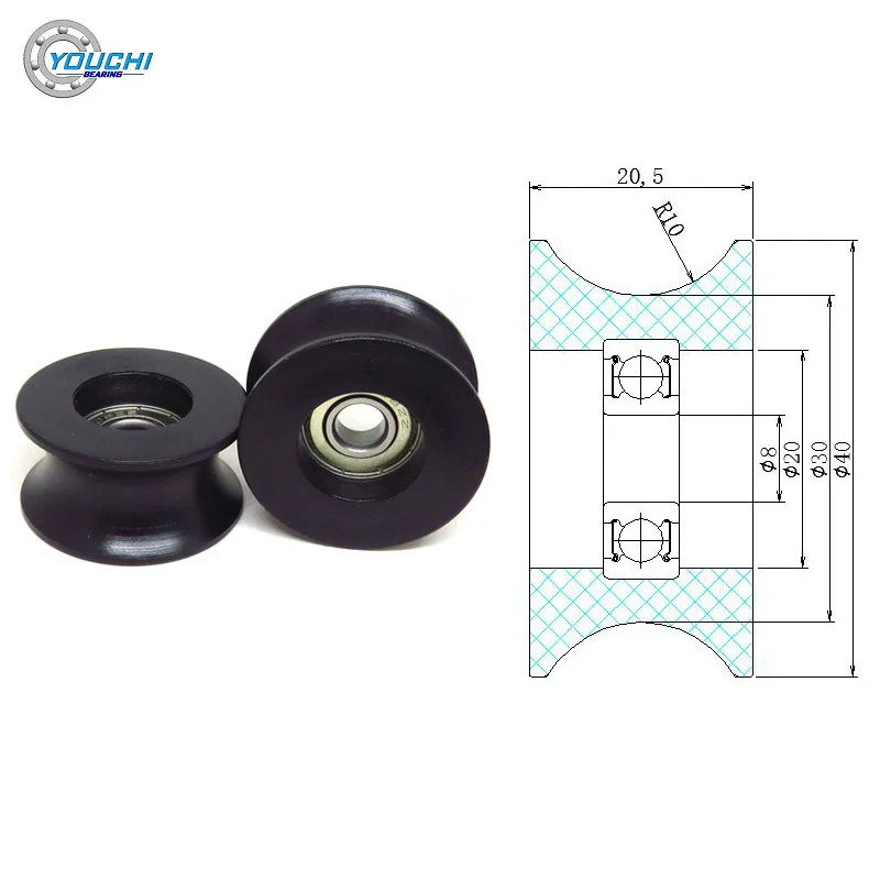 8x40x20.5mm R10 mm Nylon U-Shaped Bearing Pulleys With 608Z Bearing BSU60840-20 20 mm Tube POM Guide Rollers