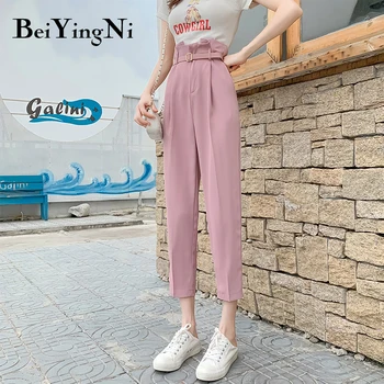 

Beiyingni Pants for Women With Belt Pockets Casual Slim Harem Pants Female High Waist Vintage Work Wear Office Ladies Trousers