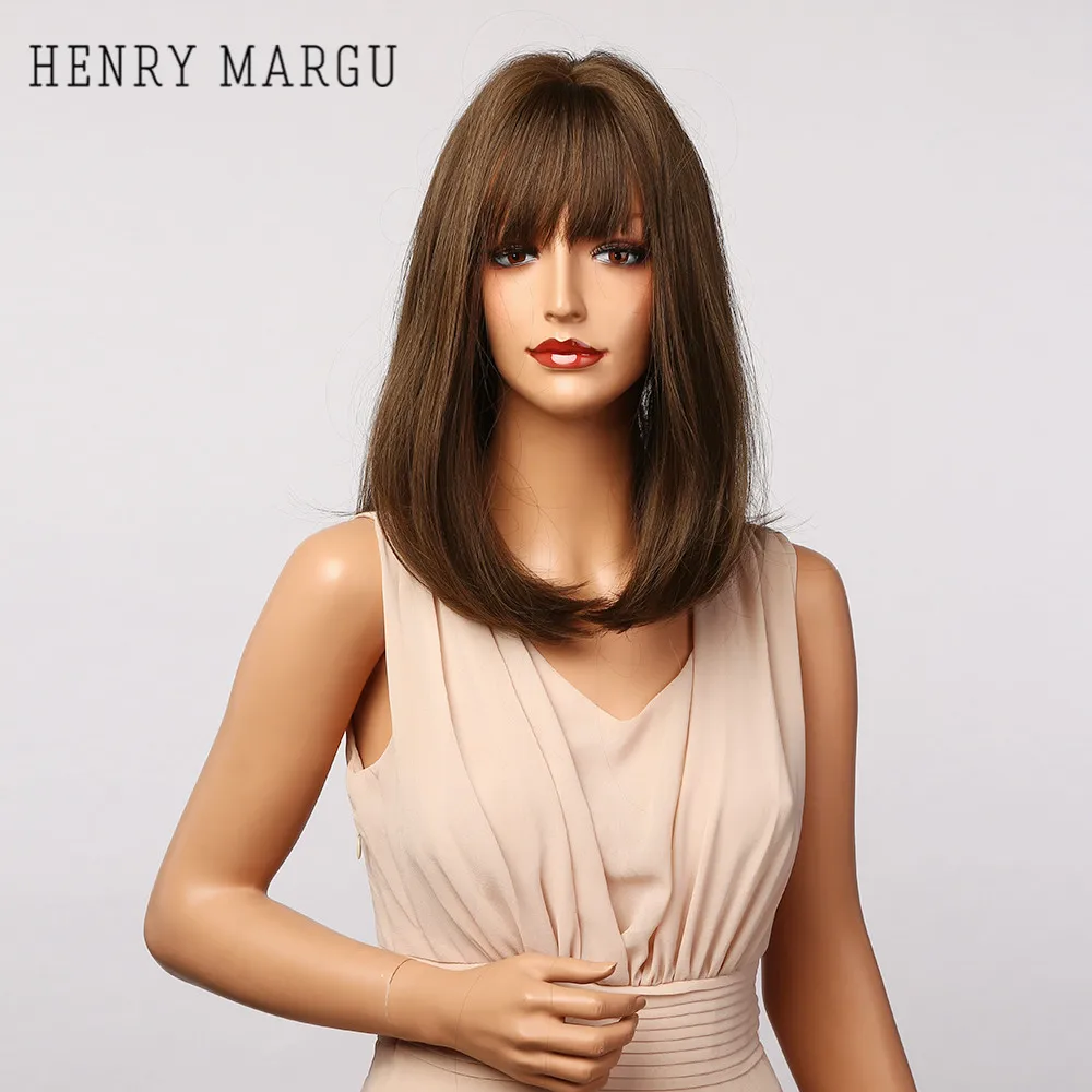 

HENRY MARGU Straight Bob Synthetic Women Wigs With Bangs Natural Brown Hair Wigs Medium Long Daily Party Wigs Heat Resistant