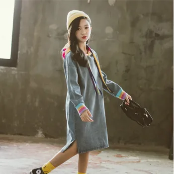 

YourSeason Baby Spring Autumn 2020 New Girls Denim Dress Clothing Patchwork Children Elegant Cotton Jeans Hooded Dresses