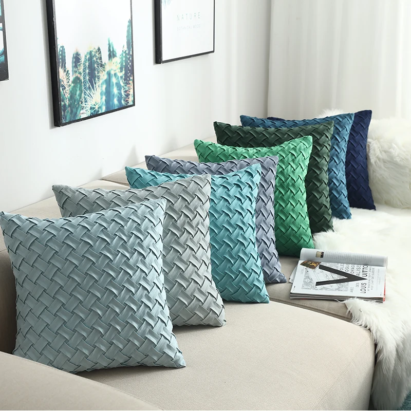 Blue Cushion Cover Soft Faux Suede Home Decorative Navy Pillow Cover Woven Pattern Green 45x45cm/30x50cm