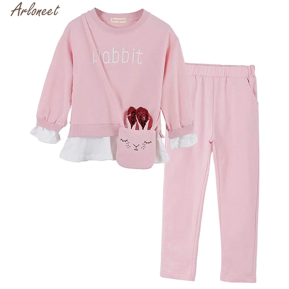 Одежда arloneet с персонажами из мультфильмов для мальчиков и девочек рубашка с длинным рукавом топы, штаны+ изображением кролика и сумка в комплекте, комплект одежды для детей из 3 предметов; для активного отдыха, комплект спортивной одежды