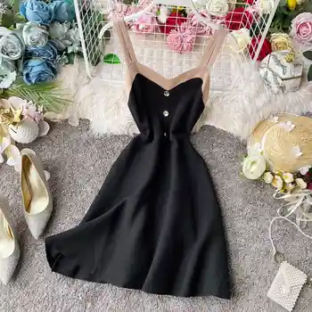

Summer mini dress 2020 Women hater sexy Strap Black Knit V-neck Sling Dress for Women Colorblock A-line Dress Sleeveless
