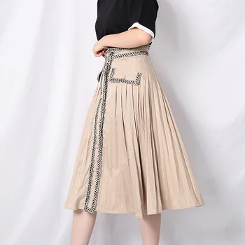 

Skirts Womens 2020 Sequin Stitching Button Design Wrinkled Mid-length A-line Bust Pleated Skirt Plus Size Korean Skirt