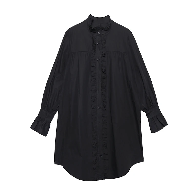[EAM] Женская Черная длинная блузка с оборками большого размера, новая свободная рубашка с отворотом и длинным рукавом, модная весенняя Осенняя 1N089 - Цвет: black
