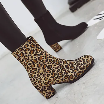 

New Fashion Women's Amkle Boots HotSale Leopard Pattern Square Heel Med High Winter Shoes Female Warm Shoes Size 35-39
