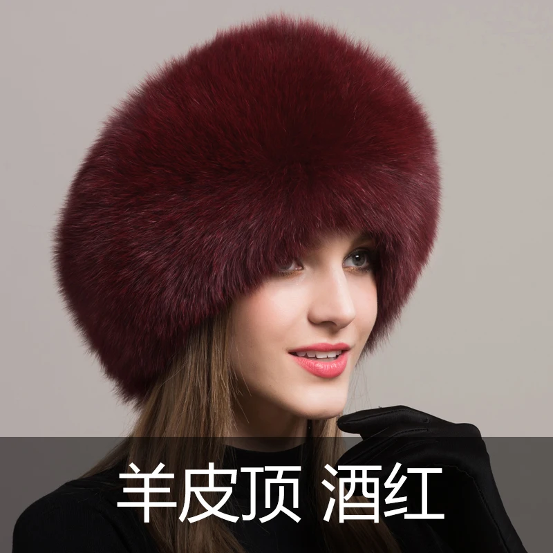 Black sheep red wine Женская зимняя шапка из натурального Лисьего меха, меховые наушники из кожи, шапка из меха лисы, Национальная женская зимняя меховая шапка - Цвет: Black sheep red wine