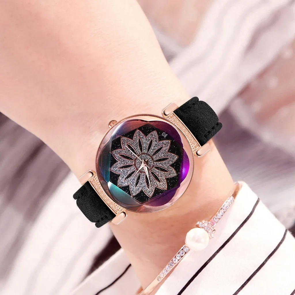 

Ladies Watches Fashion Starry Sky Korean Rhinestone Rose Gold Quartz Watch Female Belt Watch Women Wristwatch reloj mujer L58