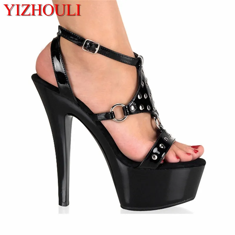 Classic 15cm peep-toe high heels, beauty party shoes, rivet uppers, unusual model catwalk, pole dancing shoes