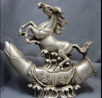 

zhrui6632<<>11 China White Copper Silver Statue Folk Feng Shui Lucky Fly Run Horse on Bamboo