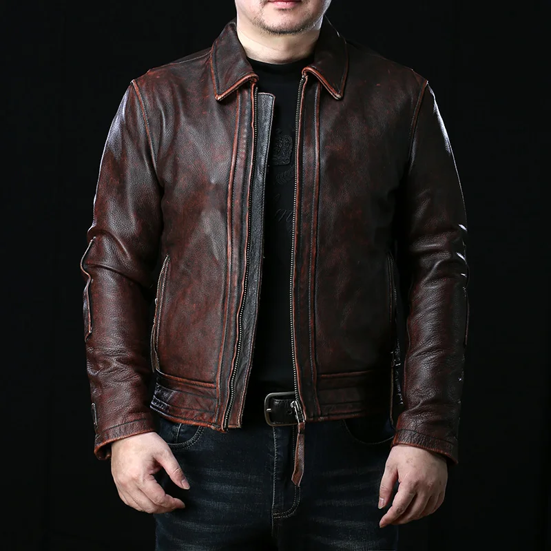 Yr!free Shipping.sales.vintage Brown Heavy Leather Jacket.men Quality Thick Cowhide Leather