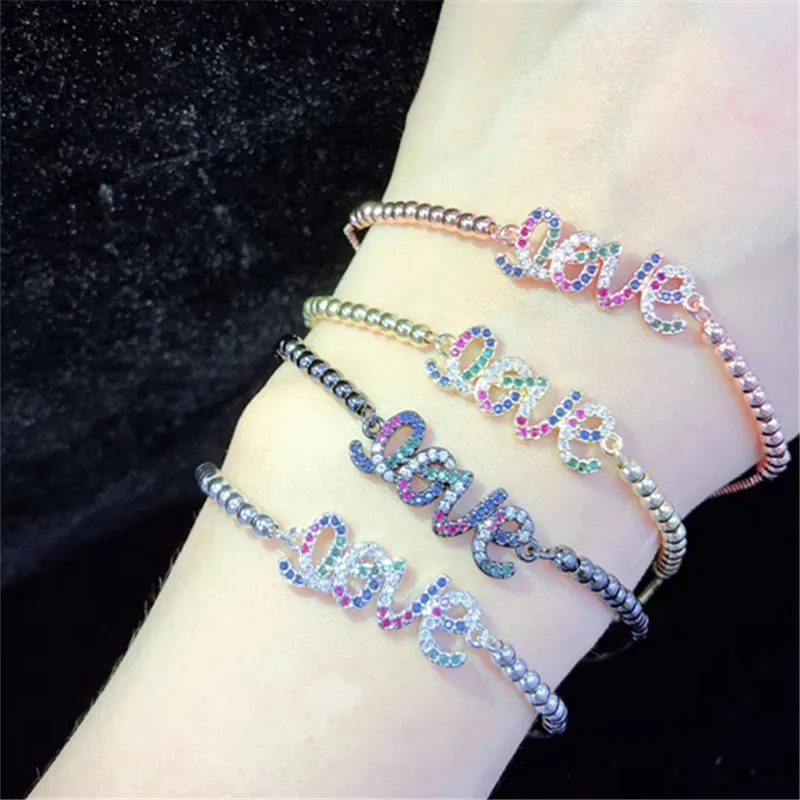 10 шт./лот, смешанные цвета, латунный браслет, инкрустированный радужным кубическим цирконием, с надписью Love, регулируемый браслет, модные ювелирные изделия