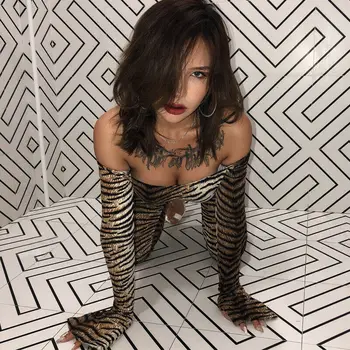 

Women Sexy Jumpsuit Tiger Print Off Shoulder Long Sleeve Leopard Leotard Bodysuit Romper Clubwear Costume Streetwear Slim Body