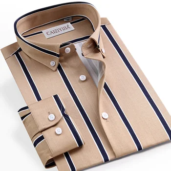 

Men's Wear High Quality Contrast Color Striped Button Down Dress Shirts Pocket-less Design Casual Standard Fit Long Sleeve Shirt
