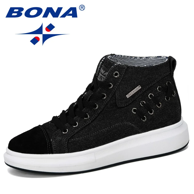 Black BONA/ г. Мужская Вулканизированная обувь мужские весенне-осенние высокие модные кроссовки Удобная однотонная мужская повседневная обувь на шнуровке - Цвет: Black