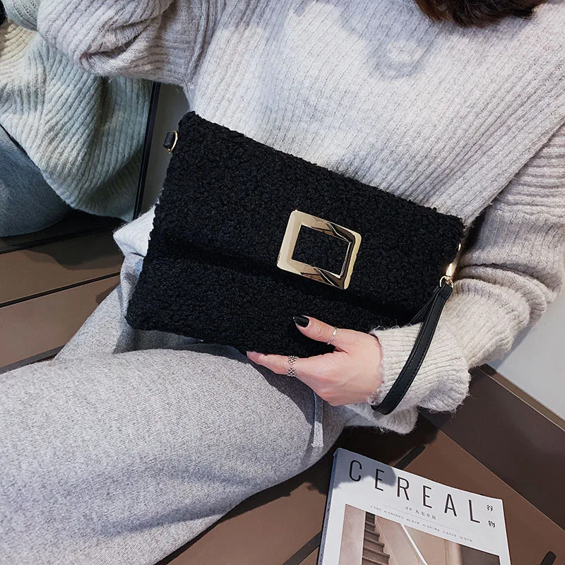 

2019 New Style Lambs Wool Winter Envelope Bag Simple Debutante Style Shoulder Oblique WOMEN'S Bag