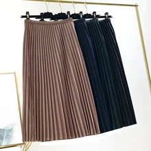 Винтажная новая однотонная плиссированная тонкая трендовая Осенняя Длинная зимняя юбка миди в стиле ретро, Женская Повседневная элегантная юбка до середины икры с высокой талией