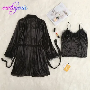 

2020Top Silk Dress Women Sexy Lace Lingerie Nightwear Underwear Sleepwear Dress 2PC Suits Lenceria Mujer Sexy Costumes Erotic