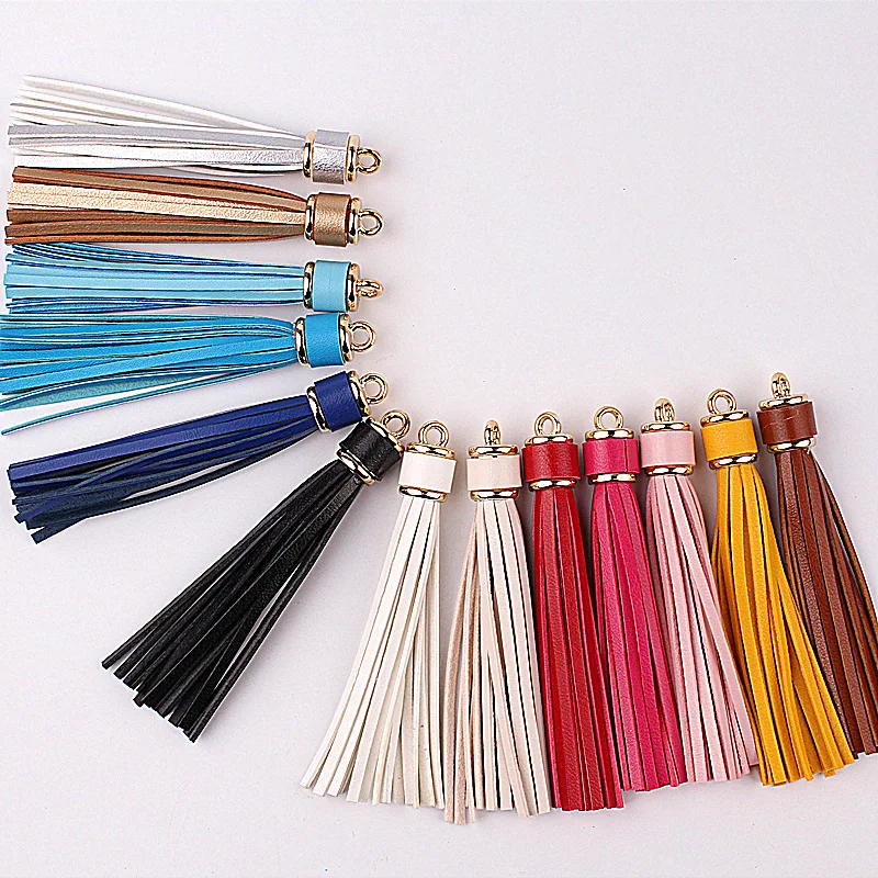 WFFNNKC 4-10Pcs Gold Silver Cap Faux Leather Trim Tassel Fringe DIY Key Chain Jewelry Findings Accessories Crafts Sewing Pendant